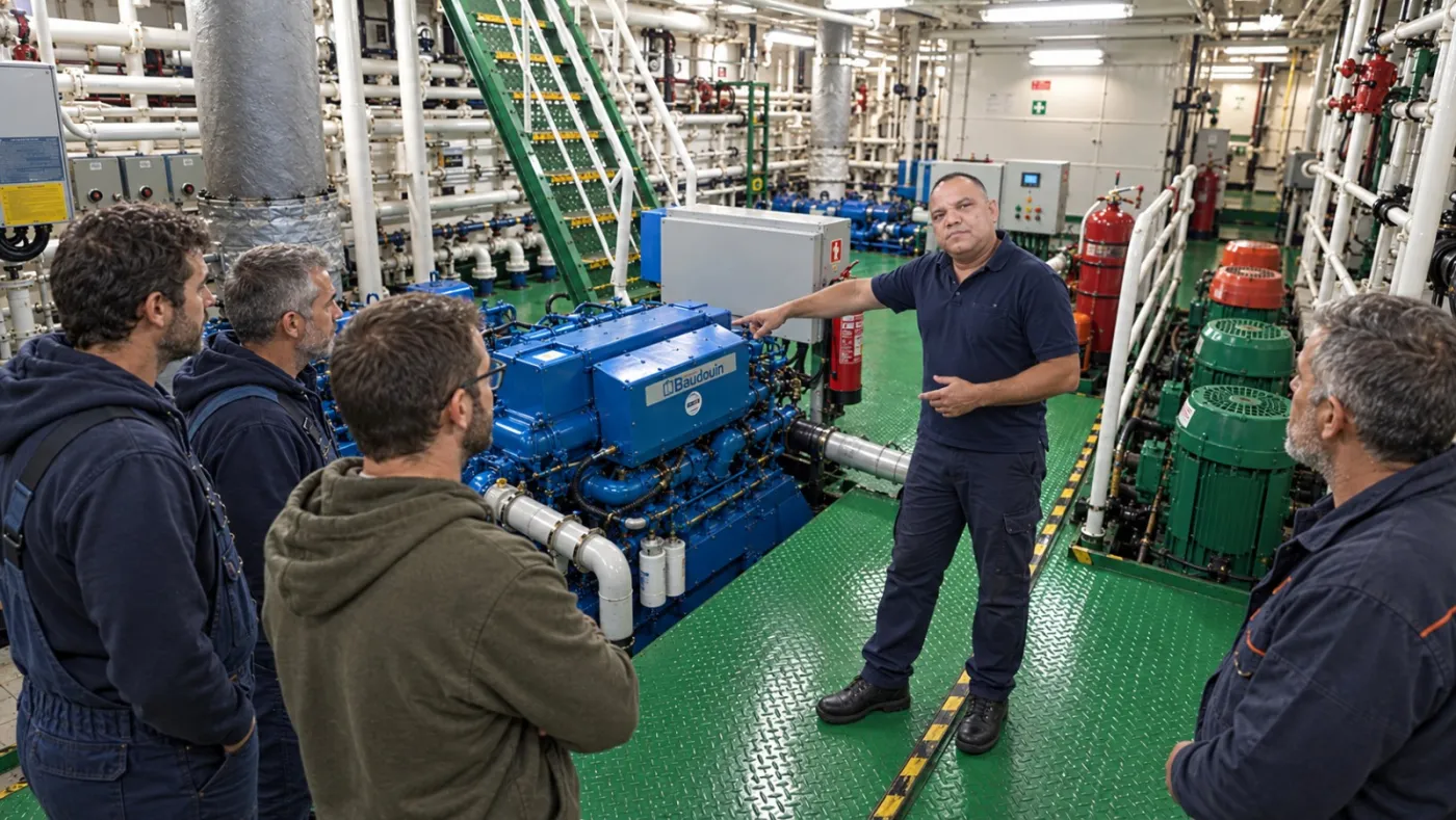 Presentación de producto: el mecánico de HTC Mechanic explica el funcionamiento de un motor Baudouin a la tripulación en la sala de máquinas